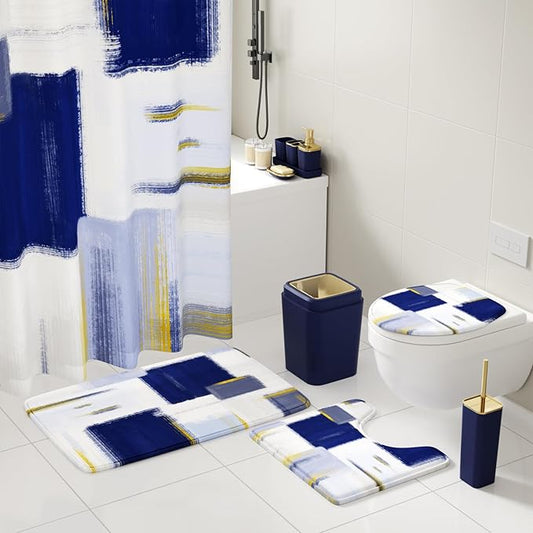 XLHOMO Bathroom Accessories Set - 26PCS Navy Blue Bathroom Set, Bathroom Accessory Set with Shower Curtain and Rugs and Bathtub Mats for Home