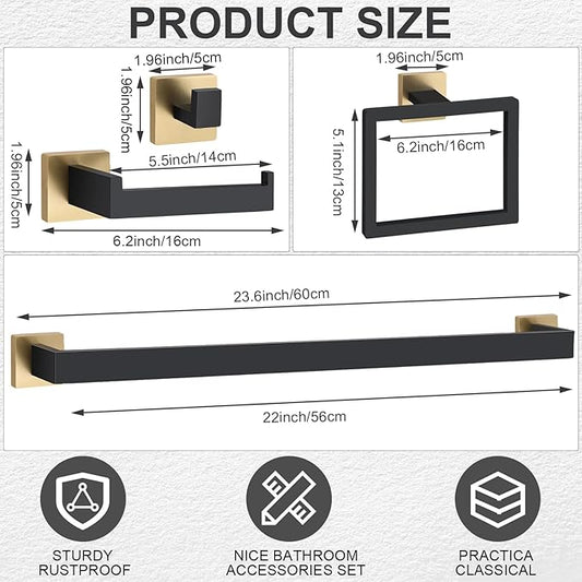 Gisafai 10 Pcs Black Gold Bathroom Hardware Accessories Set 23.6 Inch Bath Towel Bar Kit Stainless Steel Bathroom Hardware Set Towel Racks Ring Robe Hooks Paper Holder for Wall Mounted