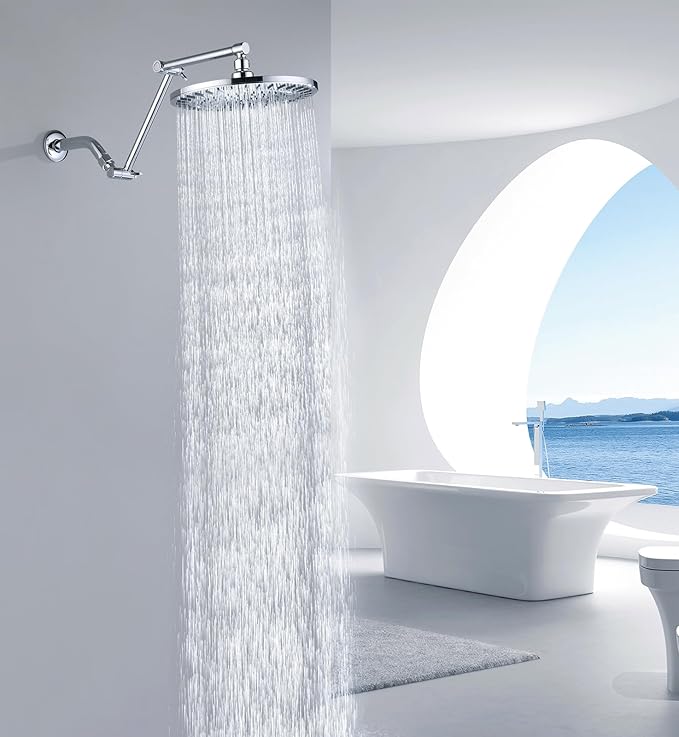 BRIGHT SHOWERS Brass Shower Arm Extender for Rain and Handheld Shower Head, 14 Inch Universal Shower Head Extension Arm, Adjustable Height & Angle, Chrome