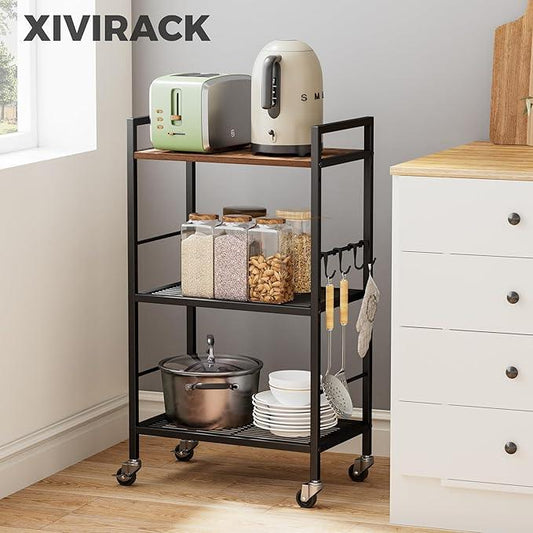 3-Tier Metal Storage Rack with Industrial Wheels,Mesh Shelving Unit with Wooden Table top,Adjustable Shelf,16.9-Inch Width,for Kitchen,Laundry,Pantry,Plant,Black - ModernBath