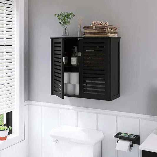 HITNET Black Bathroom Storage Cabinet, Hanging Medicine Cabinet with Adjustable Shelf, Bamboo Over The Toilet Wall Mounted Space Saver Organizer, Double Doors - ModernBath