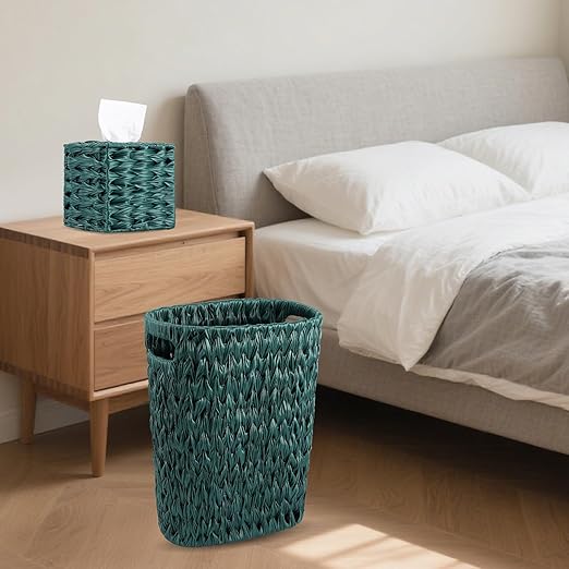 Wicker Trash Can & Square Tissue Box, Handwoven Waterproof Waste Basket with Handles, Wicker Home Set for Bedroom, Bathroom, Kitchen, Office, Balcony (Dark Green)