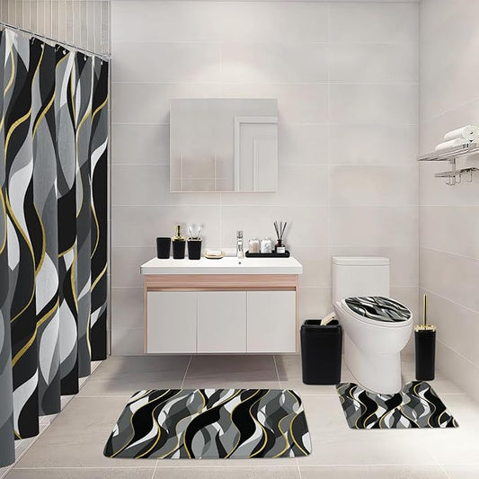 XLHOMO Bathroom Set - Black and Gold Bathroom Accessories, Bathroom Sets with Shower Curtain and Rugs, Black Shower Curtain Set with Bathroom Trash Can, Soap Dispenser, Soap Dish for Home Decor