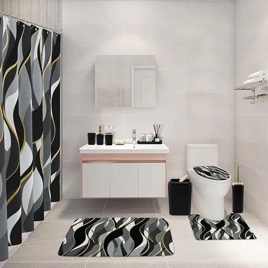 XLHOMO Bathroom Set - Black and Gold Bathroom Accessories, Bathroom Sets with Shower Curtain and Rugs, Black Shower Curtain Set with Bathroom Trash Can, Soap Dispenser, Soap Dish for Home Decor - ModernBath