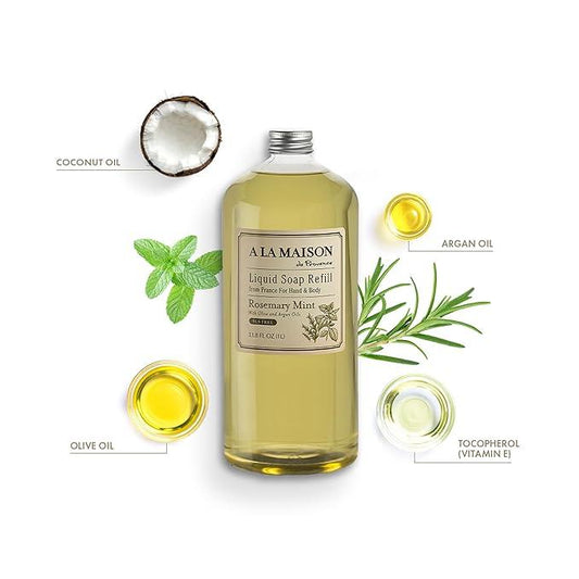 A LA MAISON French Liquid Hand Soap Refill, Rosemary Mint - Natural Hand Wash Made with Essential Oils - Biodegradable, Plant-Based, Vegan, Cruelty-Free, Alcohol & Paraben Free (33.8 oz, 2 Pack) - ModernBath