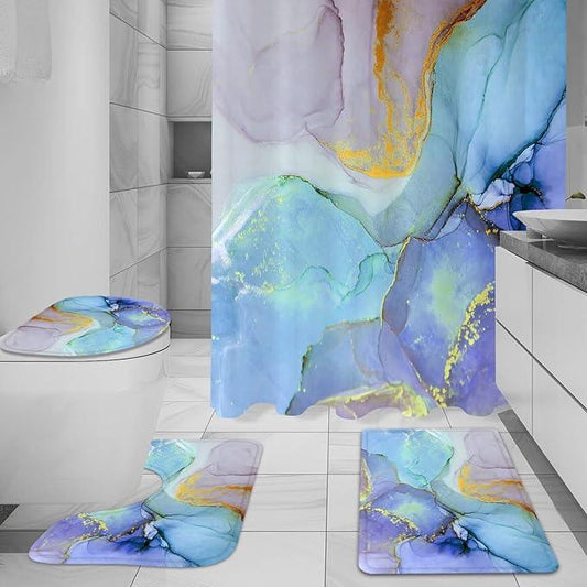 Gibelle 4 Pcs Bathroom Shower Curtain Set with Non-Slip Rugs, Toilet Lid Cover and Bath Mat, Blue Purple Marble Bathroom Decor Set with Shower Curtain and Rugs and Accessories - ModernBath