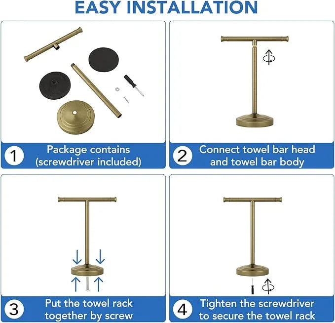 RUMOSE 13 Inch Antique Brass Towel Bar Stand Hand Holder Bathroom Kitchen Vanity Countertop T-Shape Towel Rack Free Standing Stainless Steel - ModernBath