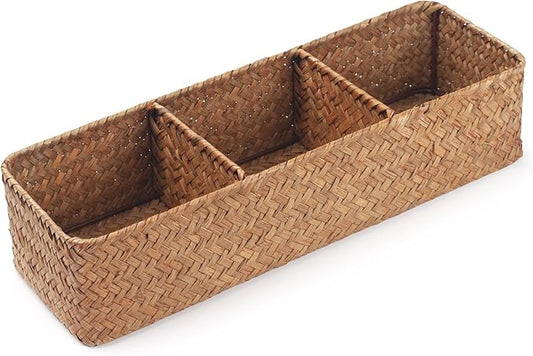 Seagrass Tank Basket for Toilet Paper 3 Sections Woven Storage Basket with Large Compartment Natural (16.5inch x 5.5inch x 3.5inch)