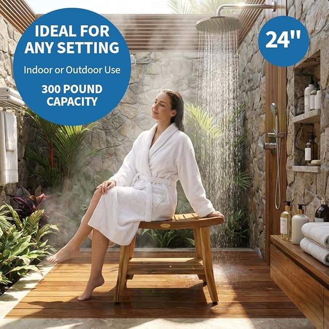 EcoDecors 24 Inch Harmony Natural Color Waterproof Teak Wood Shower Bench Stool Seat Chair For Inside Shower Storage Shelf Provides Safety, Storage, and Organization For Bathroom Accessories