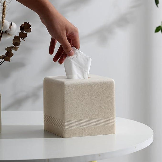 Haocoott Tissue Box Cover Square, Resin Facial Tissue Holder Covers Cube Toilet Paper Holder Case Dispenser Home Decorative for Bathroom Kitchen Bedroom Living Room Office (Beige) - ModernBath