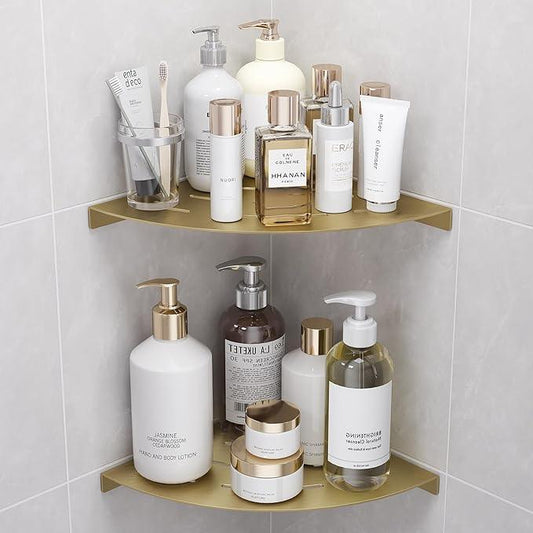 2 Pack Corner Shower Shelves Load Capacity 40 lbs 304 Stainless Steel Shower Corner Shelf Will not Rust 8in Shower Shelf for Inside Shower Brushed Gold Drilling Installation - ModernBath