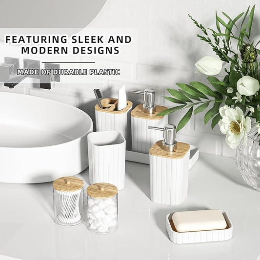 XLHOMO Bathroom Accessories Set - Elegant White Bathroom Set, 10PC Bathroom Accessory Set, Toilet Brush, Trash Can, Qtip Holder Dispenser & Soap Dispenser - ModernBath