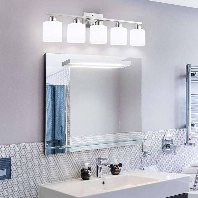 FAISHILAN 5 Light Bathroom Light Fixtures Brushed Nickel, Bathroom Vanity Light with Milky White Frosted Glass Shade, Vanity Lights for Mirror Bedroom Living Room E26 Base - ModernBath