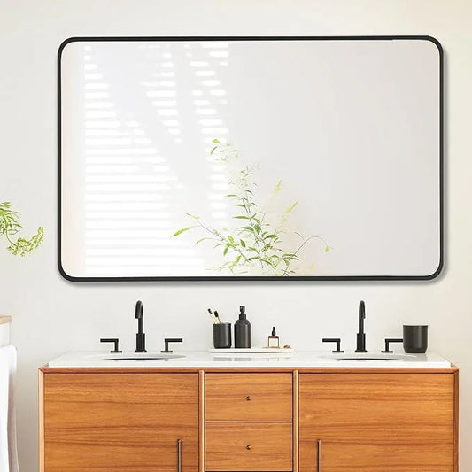 Bonverre 27x40 Inch Rectangle Bathroom Mirror with Black Metal Frame, Rounded Corner Rectangular Vanity Mirror for Wall, Modern Large for Bedroom, Living Room, Horizontal or Vertical - ModernBath