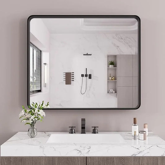 JISOSO Black Bathroom Mirror 48X40 Inch, Black Metal Framed Mirror for Wall, Rounded Rectangle Matte Bathroom Vanity Mirror with Tempered Glass, Anti-Rust, Horizontal/Vertical - ModernBath
