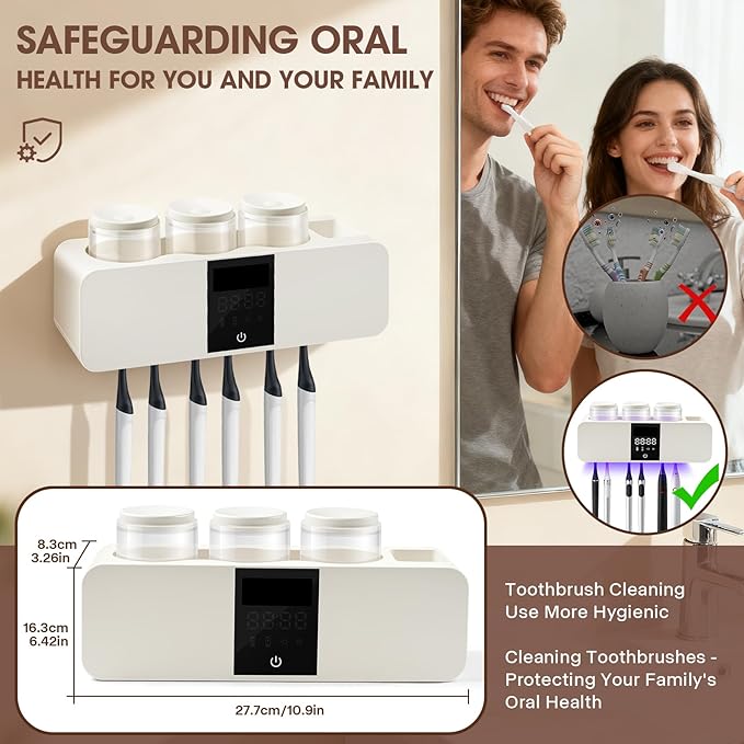 LXIANGN 3 in 1 Toothbrush Cleaner Holders for Bathrooms,Wall Mounted Toothbrush Holders with Drying and Cleaning,Smart LED Screen,6 Toothbrush Slots,3 Cups and Toothpaste Dispenser (White)