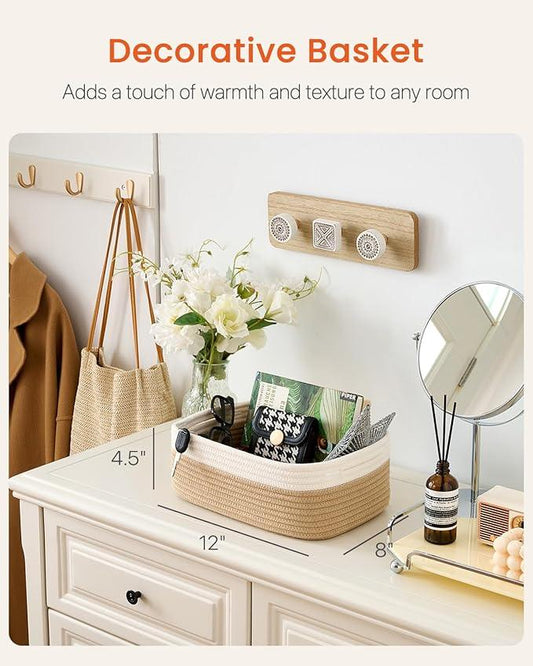 Small Woven Basket, 12 x 8 x 4.5 Inches, Storage Basket for Organizing, Cute Small Rope Shelf Closet Cube Storage Bins Baskets for Shelves, Dog Toy Gift Baskets Empty, 3 Pack White & Brown - ModernBath