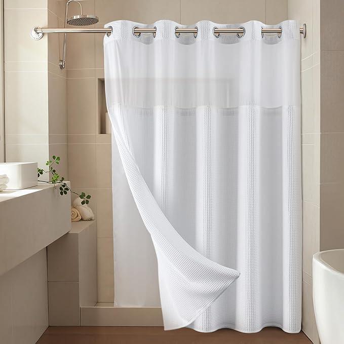 River Dream White Fabric Shower Curtain Set, Cotton Blend, Waffle Weave, with Snap in Replacement Liner,71 x 74 inches - ModernBath