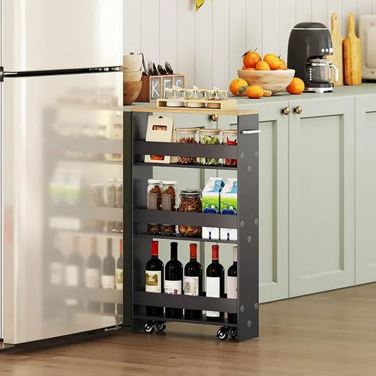 Small Kitchen Cart, 4-Tier Slim Rolling Island w/Handle, Laundry Room Storage Organizers Between Washer and Dryer, Narrow Spice Rack on Wheels Next to Fridge (Gray, 5'') - ModernBath