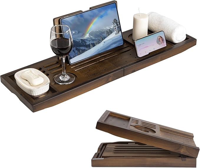 FLYJOE Wood Bathtub Tray Table - Foldable Bath Tray for Tub with Expandable Handles, Wine Glass & Phone Holder, Book Stand - Enhance Home Spa Experience with Natural TeakMaterial, Walnut
