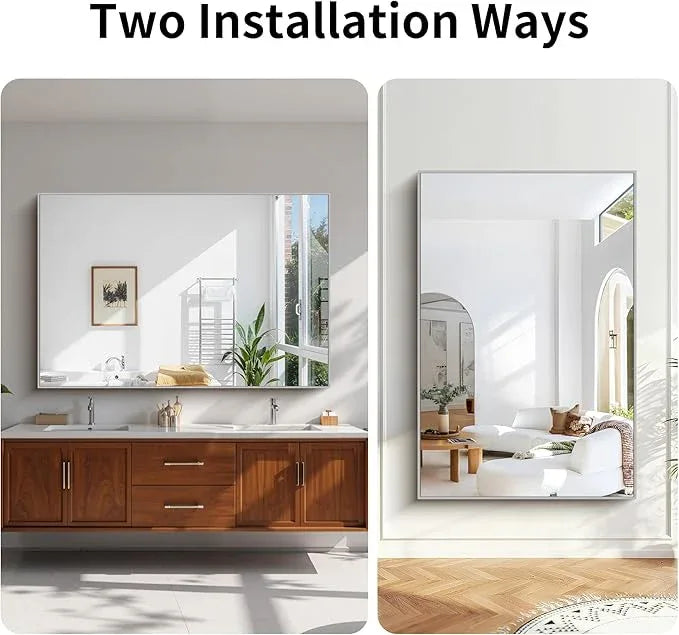 KOCUUY Silver Bathroom Mirror, 60"x40" Large Rectangle Bathroom Mirror for Wall, HD Tempered Glass, Anti-Rust Brushed Silver Frame, Modern Design for Bathroom, Bedroom, Hang Horizontal/Vertical - ModernBath