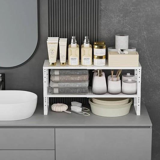 Expandable Cabinet Shelf Organizer Storage Spice Rack Shelves for Kitchen Stackable Adjustable Pantry Cupboard Bathroom Countertop Desktop(2Packs/White/Large-with Hole) - ModernBath