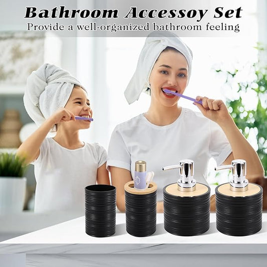 XLHOMO Black Bathroom Set, Black Bathroom Accessories Set with Trash Can, 2PCS Soap Dispensers, Soap Dish, Toothbrush Holder, Toothbrush Cup,Toilet Brush, Tray and Qtip Holders for Bathroom Decor