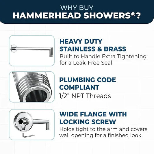 HammerHead Showers® Solid Metal 16 Inch Extended Shower Arm and Flange with Set Screw, Long Shower Arm, Extends Rain Shower Overhead, Wall-Mounted Rain Shower Arm, Chrome - ModernBath
