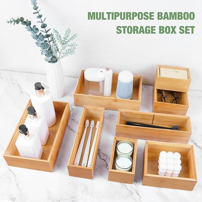 Bamboo Drawer Organizer Set, 8 PCS Multi-Use Wood Drawer Storage Boxes, Junk Drawer Organizer Divider Bins for Kitchen, Bathroom, Office Desk, Makeup, Jewelry, Utensils - ModernBath
