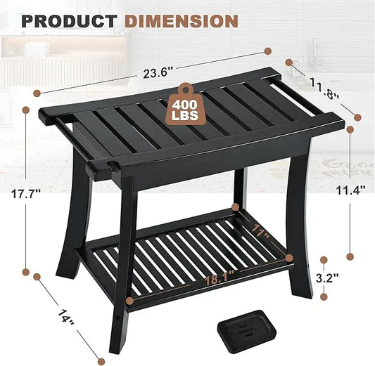 Black Bamboo Shower Bench for Inside Shower with Storage Shelf, Bathroom Shower Stool for Adults Shaving Legs, Spa Bathroom Bench Stool for Indoor Outdoor Use,Bamboo - ModernBath