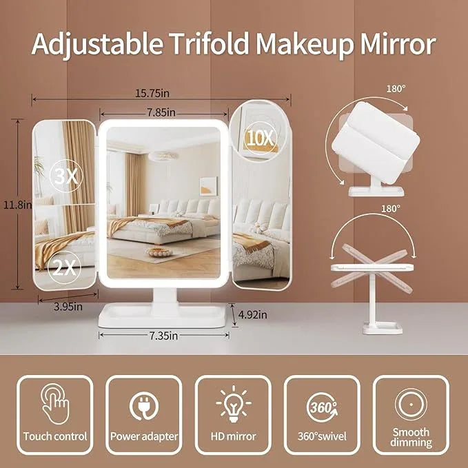 Makeup Mirror with Lights, Rechargeable Lighted Vanity Mirror with 70 Led Lights and 2X 3X 10X Magnification, 3 Color& Adjustable Brightness, Portable Mirror for Travel Desk, Gifts for Women Girls - ModernBath