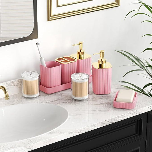 XLHOMO Pink Bathroom Set with Shower Curtain and Rugs- 25PC Bathroom Accessory Set, Pink Shower Curtain Set, Toilet Brush, Trash Can, Qtip Holder Dispenser & Soap Dispenser - ModernBath