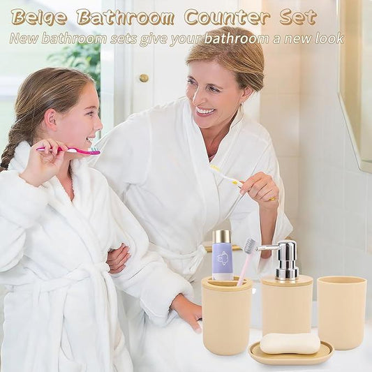 SLDIYWOW Bathroom Accessories, Beige Bathroom Accessories Sets Complete with Trash Can,Tray,Soap Dispenser,Toothbrush Holder,Toothbrush Cup,Soap Dish,Toilet Brush and Q-tip Holders for Bathroom - ModernBath