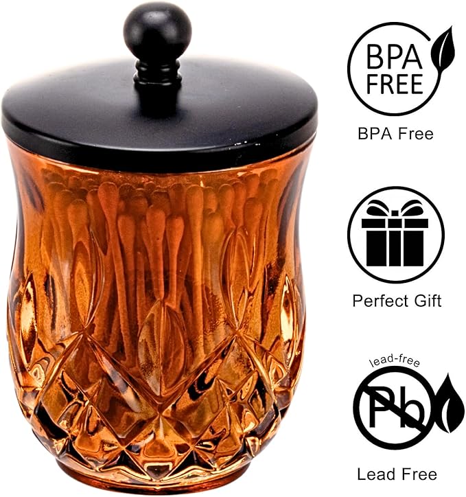 ZIVQEXMURL Qtip Holder,10 Oz Amber Glass Apothecary Jars with Matte Black Lids for Bathroom Organization & Desk Storage,Thick Glass Apothecary Jars for Q-Tips,Cotton Rounds, Jewelry,Candy,Round