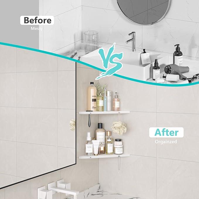 10" Bathroom Corner Shelf, 2 Pack Recessed Shower Shelf Caddy, SUS304 Stainless Steel Shelf Wall Mount Triangular, No Drilling Matte White - ModernBath