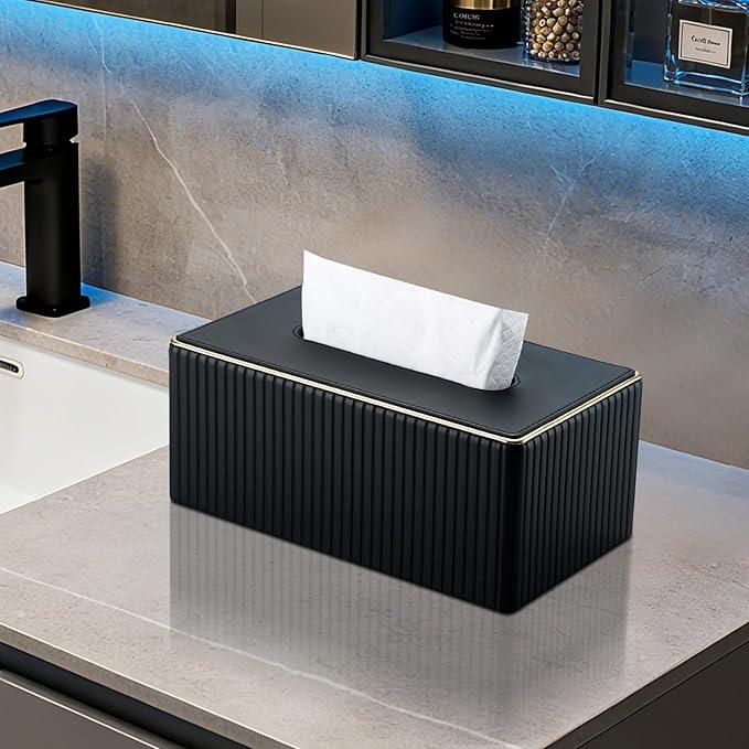 KINGFOM Rectangular Tissue Box Cover, PU Leather Tissue Box Holder with Magnetic Bottom, Napkin & Facial Tissue Holder Dispenser Decorative Box Cover for 120-count (3-Ply) 160-count (2-Ply) Black - ModernBath