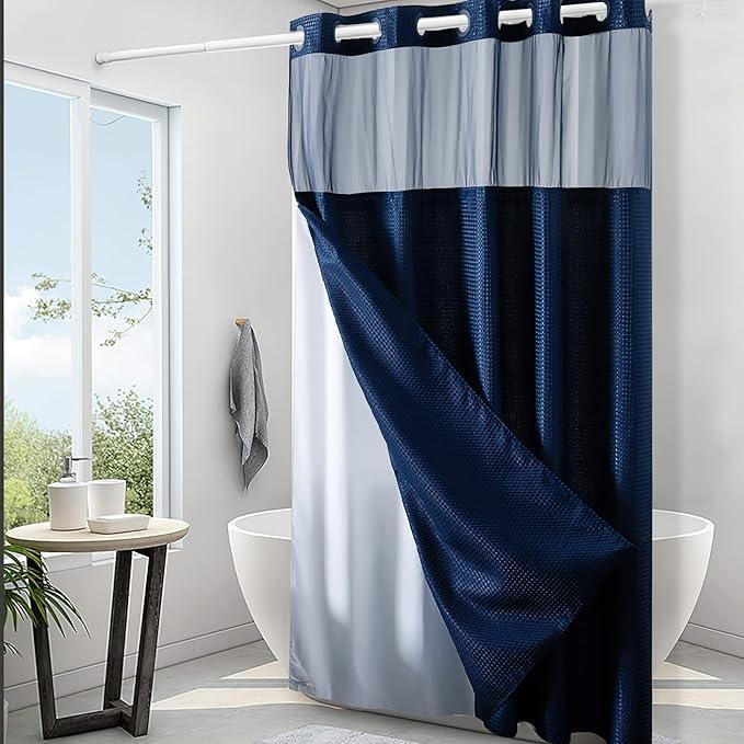 Furlinic Waffle Weave No Hook Shower Curtain with Snap in Fabric Liner Set,Heavy Duty Textured Bathroom Curtain with See Through Window,Waterproof & Machine Washable,Navy Blue,71x72 Inch - ModernBath