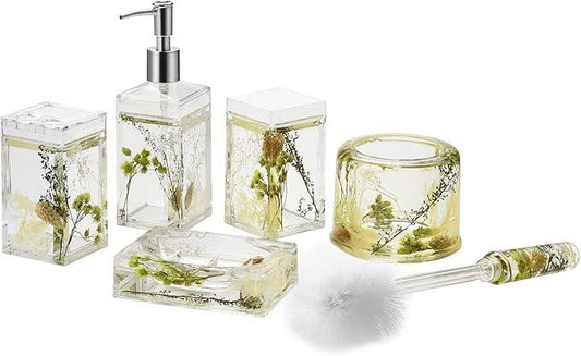 Locco Decor 5 Piece Acrylic Liquid 4D Floating Motion Bathroom Vanity Accessory Set Garden Botanic Green Plants Toothbrush Holder, Tumbler, Soap Dispenser, Soap Dish, Toiletbrush Holder Set - ModernBath