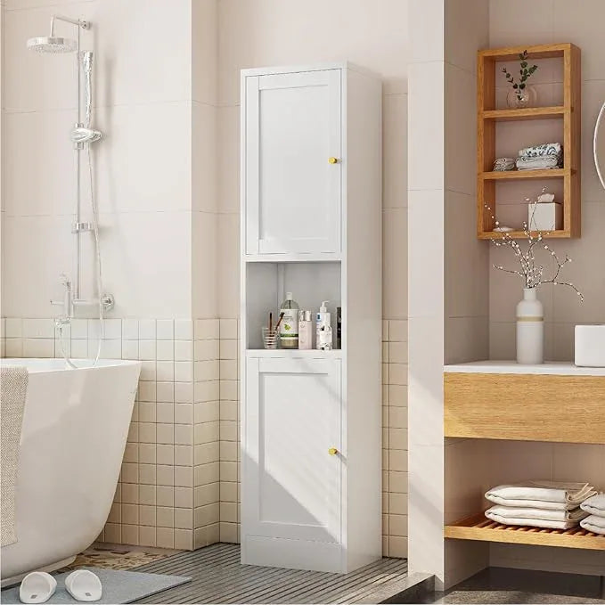 Metal Bathroom Storage Cabinet, 67" Tall Narrow Freestanding Floor Cabinet with Adjustable Shelves and Open Compartment, Slim Metal Locker for Laundry, Kitchen, Dining Room - ModernBath