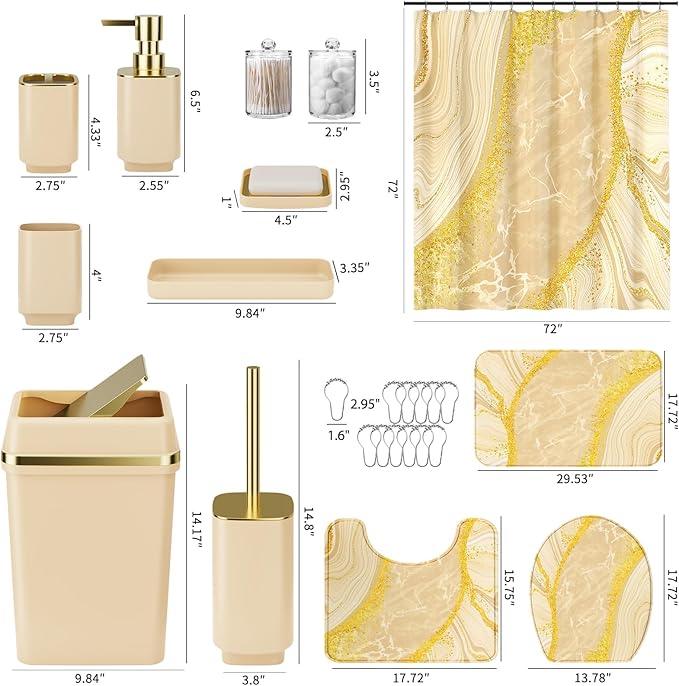 25PCS Bathroom Accessory Set, Beige Bathroom Set with Large-Capacity 4 Gallon Trash Can,Bathroom Rugs Set, Waterproof Shower Curtain, Toilet Brush, Toothbrush Holder & Soap Dispenser - ModernBath