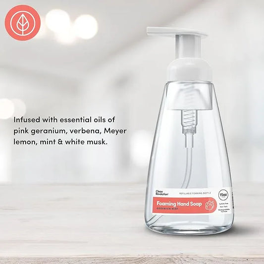 Clean Revolution Foaming Hand Soap, Gentle, Moisturizing, Ready To Use Formula, Real Essential Oils, Gluten Free, Geranium Mint, 15.25 Fl Oz - ModernBath