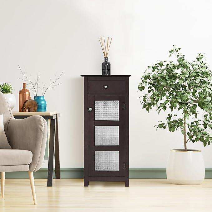 Teamson Home Chesterfield Wooden Floor Cabinet with Waffle Glass Door and Drawer, Espresso - ModernBath