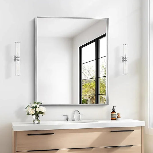 Silver Bathroom Mirror, 30x36 Inch Rectangular Framed Mirror, Large Wall Mounted Bathroom Vanity Mirror Over Sink for Bedroom,Restroom, Living Room, Hangs Vertically or Horizontally - ModernBath