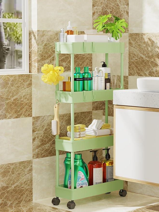 LEHOM 5.1" Slim Storage Cart - 4 Tiers Bathroom Organizer Mobile Shelving Unit Storage Rolling Utility Cart Slide Out Organizer for Kitchen Bathroom Laundry Narrow Places, Green - ModernBath
