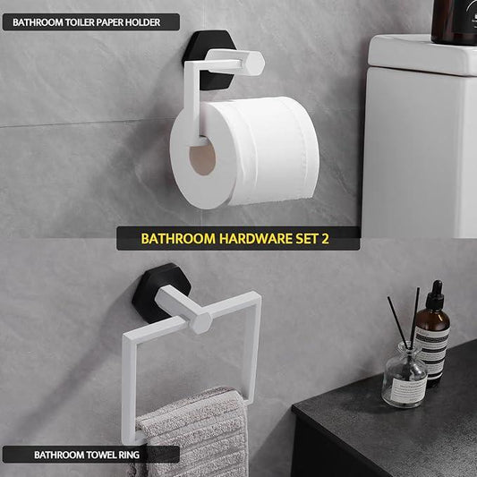 GERZWY Bathroom 2-Piece Hardware Set Stainless Steel Wall Mount - Towel Ring Toilet Paper Holder, White & Black - ModernBath