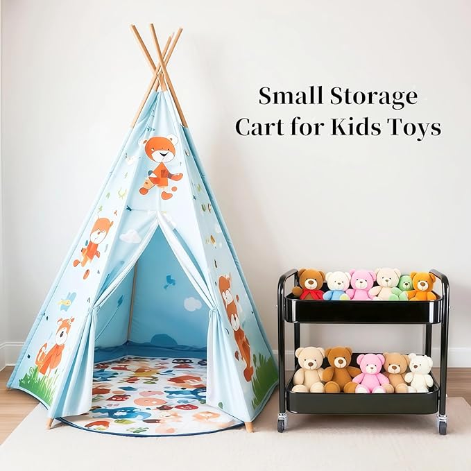 2 Tier Rolling Cart with Wheels for Under Desk Storage & Pantry Room, Large Capacity Laundry Room & Makeup Organizer, Sturdy Kitchen Utility Cart for Small Space with 4 Hooks, Black