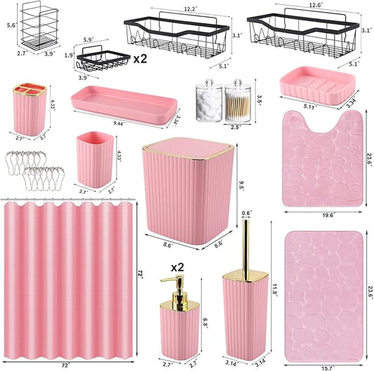 XLHOMO 30PC Bathroom Accessories Set - Gorgeous Pink Bathroom Set, Bathroom Accessory Set, Pink Shower Curtain Set with 5PC Shower Caddy