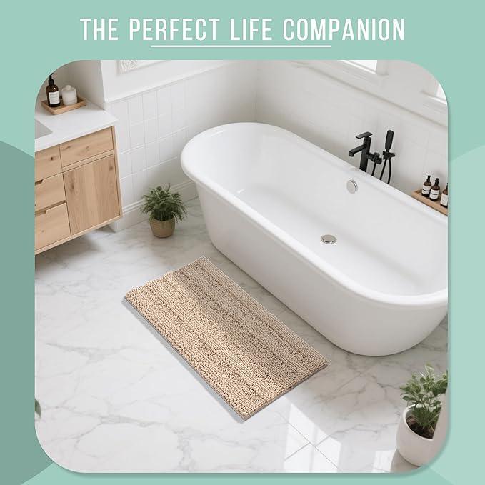 Yimobra Bathroom Rug Mat 44 x 24, Non Slip and Super Absorbent Bath Mat,Machine Washable Quick Dry,Ultra Plush Chenille Shower Rugs for Bathroom Floor Sink Tub and Shower Outside, Beige - ModernBath