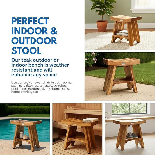EcoDecors Teak Shower Bench 18", 300 lb Capacity – Waterproof Wood Bath Seat with Shelf, Spa Seating for Adults – Compact Fit for Small Bathrooms & Walk-in Showers – Slip-Resistant Feet - ModernBath