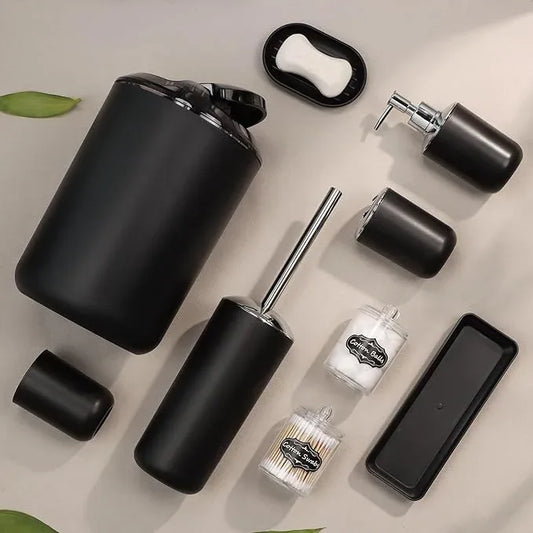 IMAVO Bathroom Accessories Set,Black Bathroom Set,9 Pieces Bathroom Accessory Set,Tray,Qtip Holders,Toilet Brush,Trash Can for Bathroom Décor and Home Gifts - ModernBath